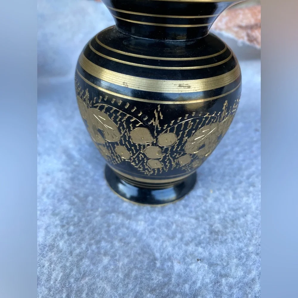 Vintage Solid Brass Vase India Hand-Crafted Decorative Floral Engraved Motif 6”
